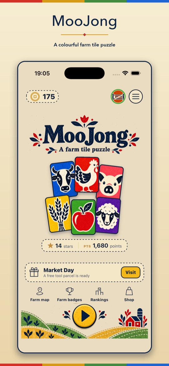MooJong home screen with farm animal tiles, Market Day and the Farm map