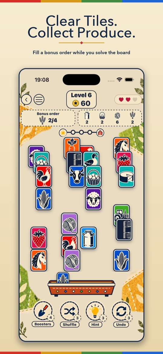 A MooJong board in play with the holding tray and farm tally