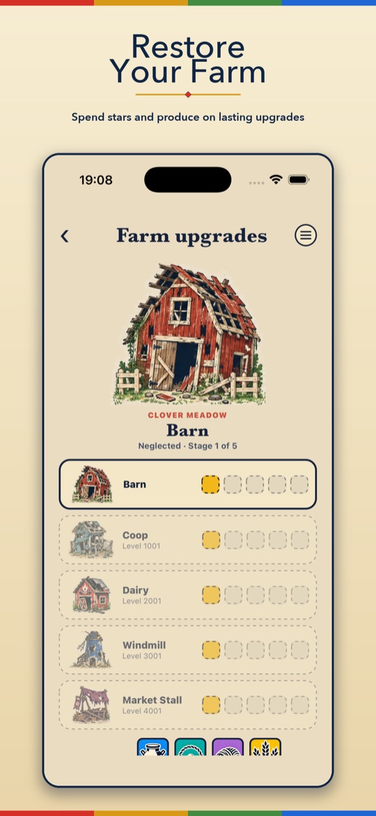 Farm Upgrades screen with five buildings to restore