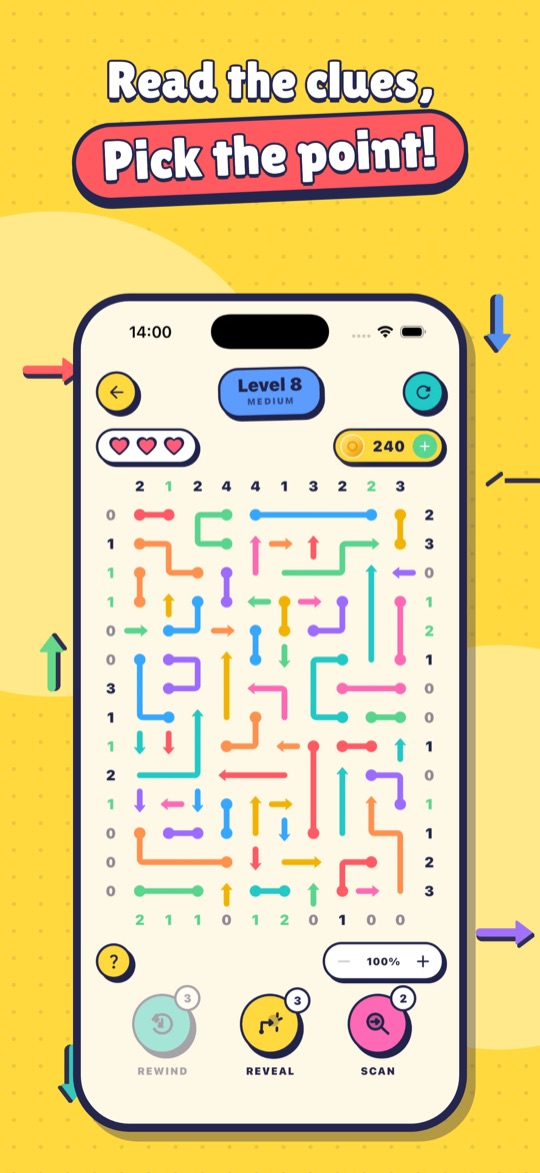 A Pick the Point level: winding arrows on a dark board with number clues around the edge