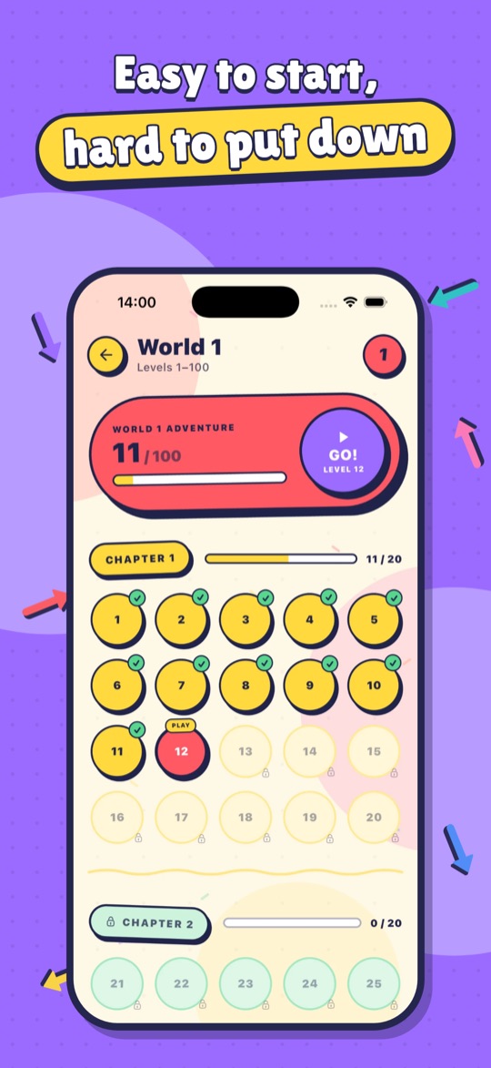 World 1 level map with chapters of level bubbles